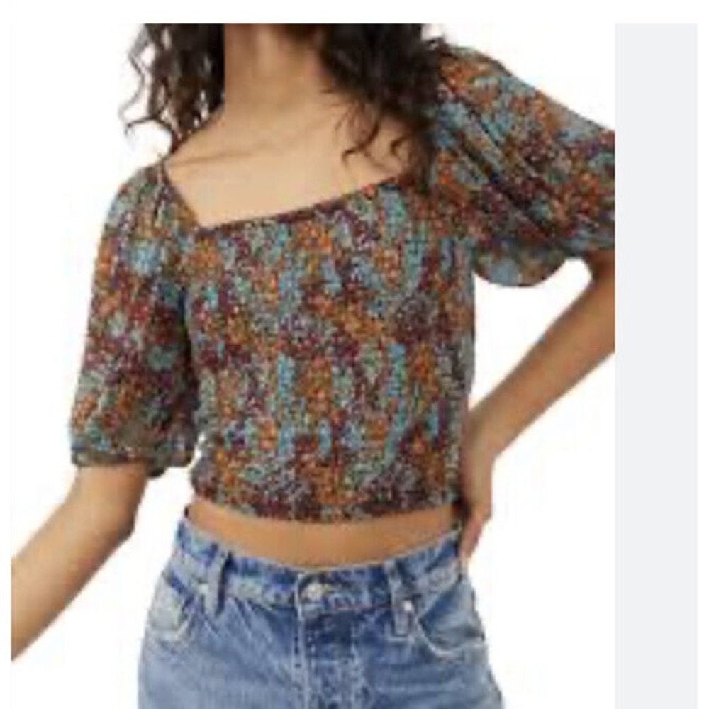 Free People  Back on Top Crop Smocked‎  Puff Sleeves Women's Size XS